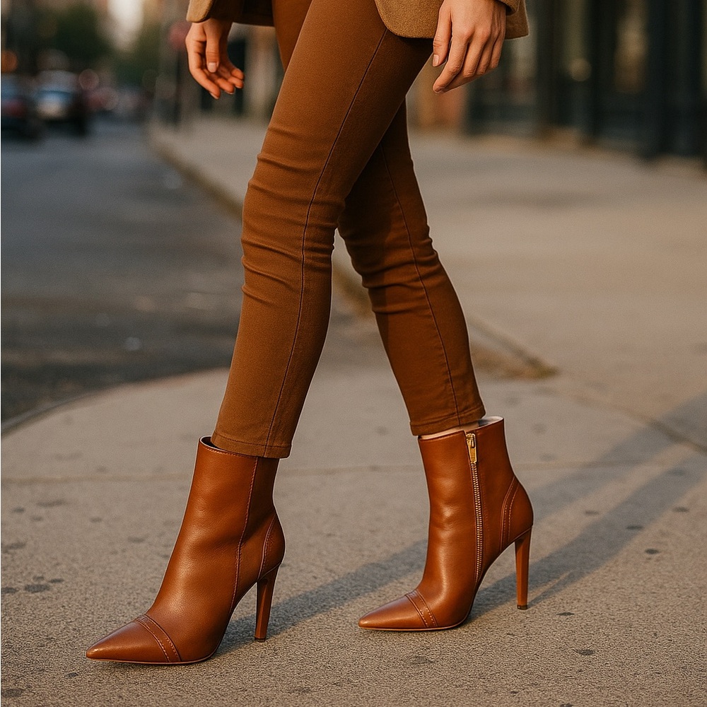 YEV’RAH “Walk on Gold” Cognac Leather Stiletto Boots – Size 38.5 – NEW IN BOX
